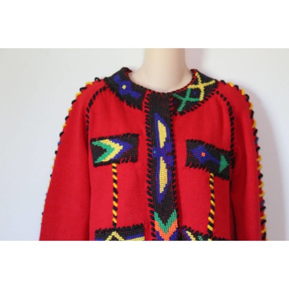 Vintage 90's Michael Simon Beaded Cardigan Thick Knit Sweater Red Size 1 H14823 - Picture 3 of 12